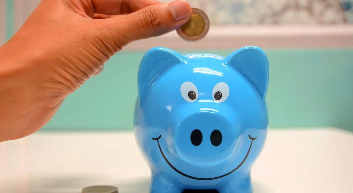 Picture of a person putting money in piggy bank